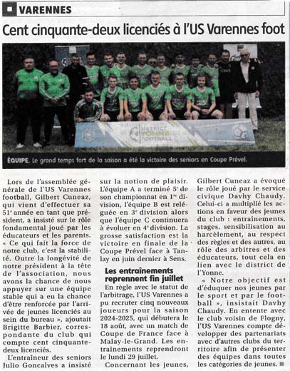 Ecole de football de Varennes. Yonne Républicaine du 27/07/2024